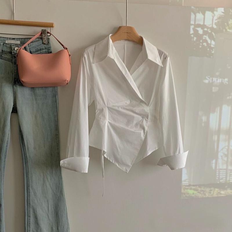 Женская мода ретро полосатый принт рюшами нерегулярный дизайн рубашки офис леди элегантный шнуровка блузка повседневный длинный рукав тонкий топ