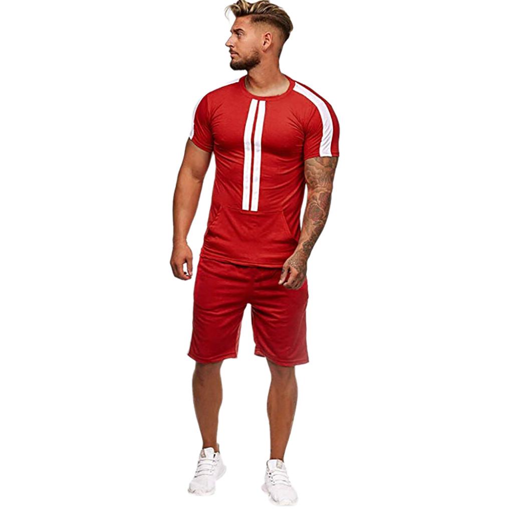 Mens Summer Leisure Stripe Color Collision Short Sleeve Shorts Sports Thin Sets