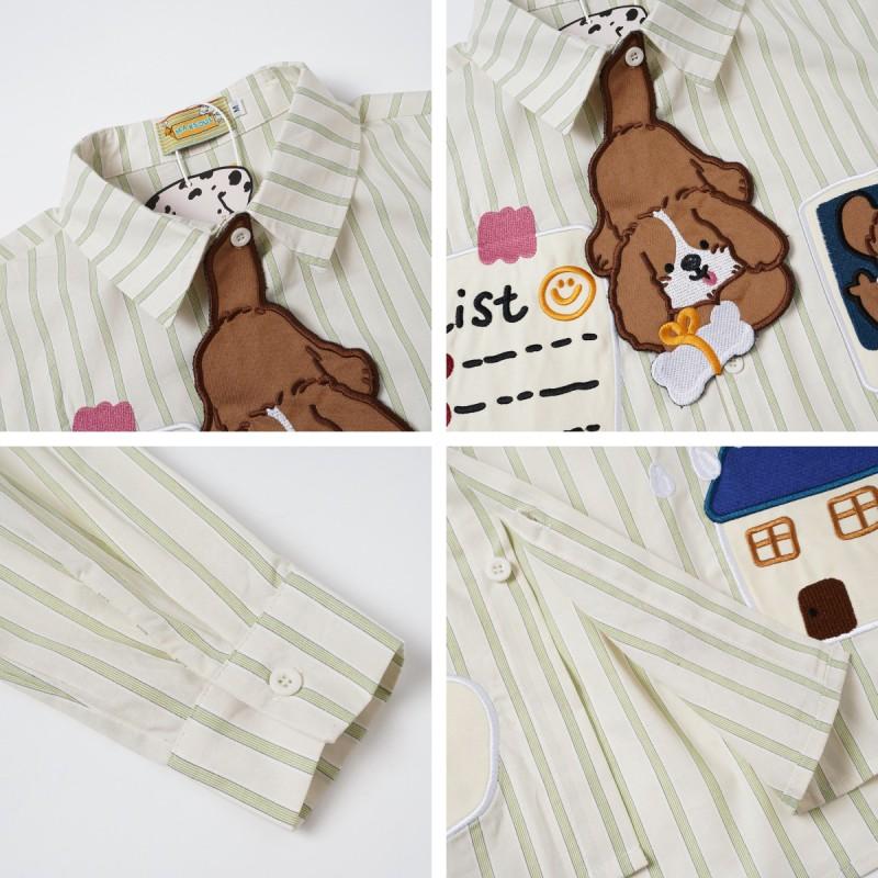 American Retro Cartoon Dog Embroidery Striped Long Sleeve Shirt Loose Fit Casual Top Teens