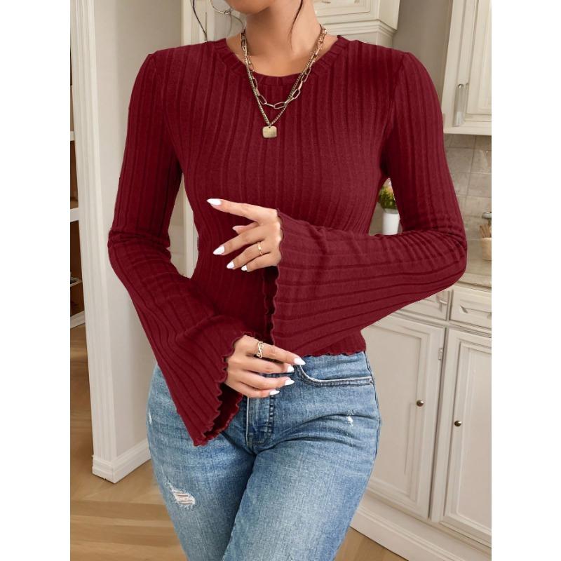 Women S Slim Fit Long Sleeve Knit Top Crew Neck Brushed Fall Winter
