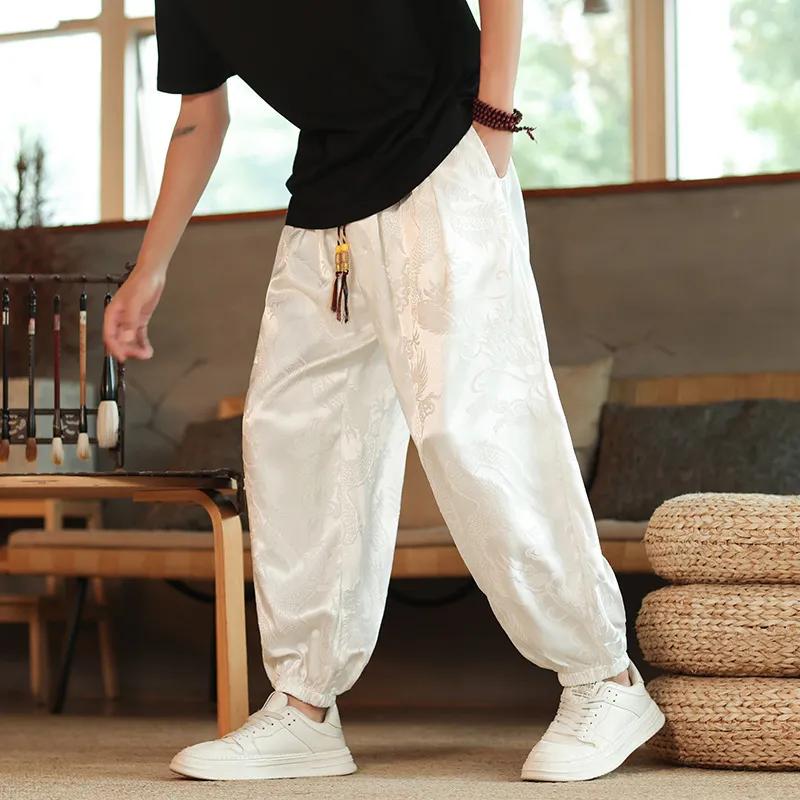 Брюки для активного отдыха в китайском стиле для мужчин Lce Silk Dragon Dark Flower Loose Wide Leg Casual Брюки мужские