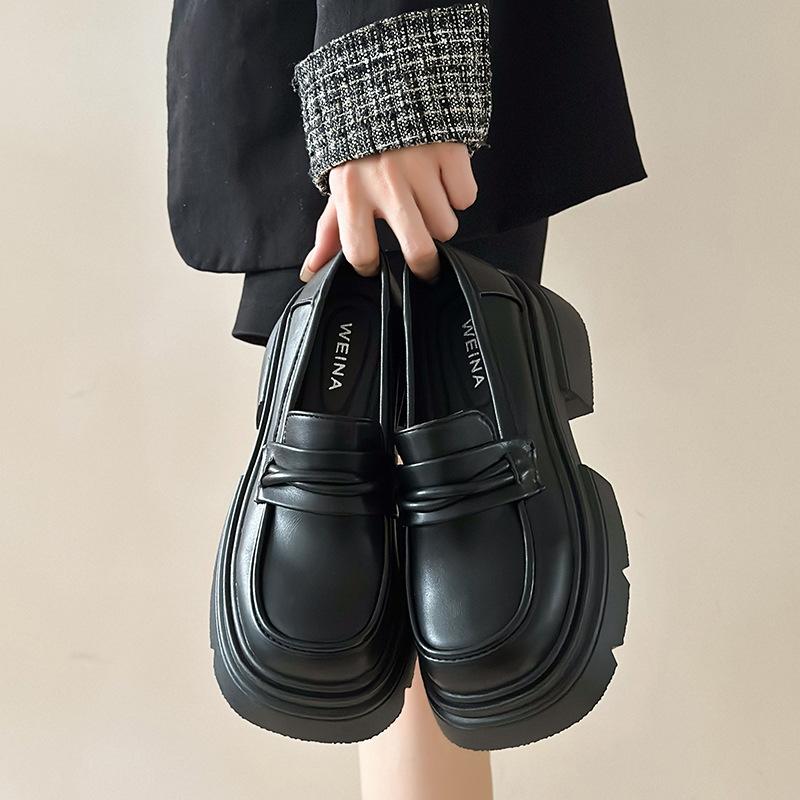 Туфли женские кожаные на толстом каблуке в британском стиле на платформе, новинка 2024 года, весенне-осенняя женская обувь с одной педалью, одинарные туфли, черные мокасины