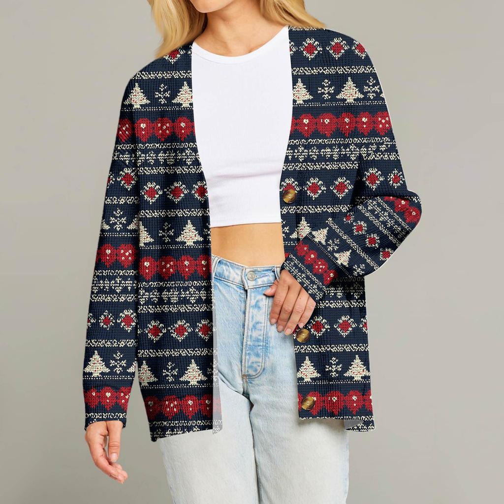 Женский модный кардиган с длинным рукавом, V-образным вырезом, на пуговицах, свободного кроя, с рождественским принтом