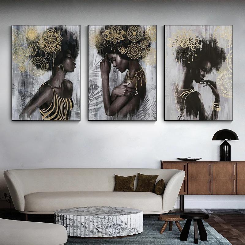 Abstract African Portraits Wall Art Prints Silver Body Art Pictures Art Deco Style Canvas Paintings Black Women Jewelry Poster