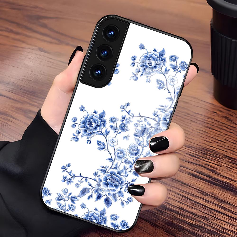 Сине-белая фарфоровая чехол-накладка для Samsung A27 A37 A33 5G A54 A36 A35 A56 A52 A17 Ударопрочная стеклянная крышка