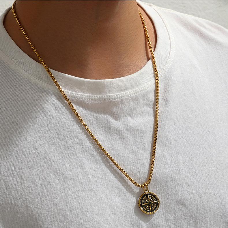 Vintage Compass Pendant Necklace Stainless Steel Disc Necklaces Gold Plated Anti Tarnish Chain Pendants ALN25123178