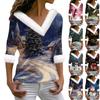 Women's Fashionable V Neck Long Sleeved Christmas Printed Plush Collar Casual Top