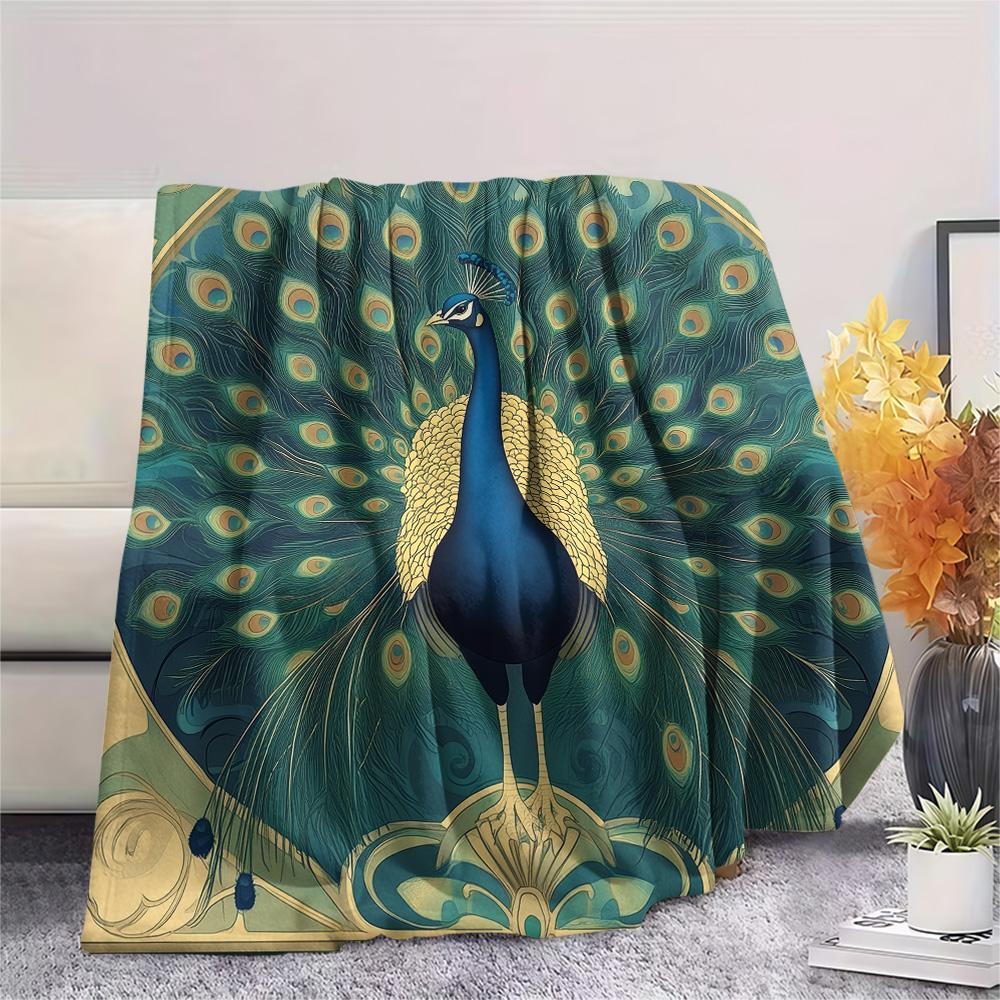 Peacock with Fanned Tail Print Flannel Blanket, High quality Comfortable for All Seasons, Home Decor, Warmth and Comfort