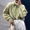 Vintage Cotton Linen Loose Bandage Loose Women Shirts Autumn Turn-down Collar Lantern Sleeve Blouses
