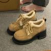 Модная женская обувь 2024 года, высококачественные женские туфли-лодочки на шнуровке, зимние, с круглым носком, теплые, однотонные, на платформе, с толстым каблуком, модная обувь