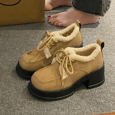 Модная женская обувь 2024 года, высококачественные женские туфли-лодочки на шнуровке, зимние, с круглым носком, теплые, однотонные, на платформе, с толстым каблуком, модная обувь