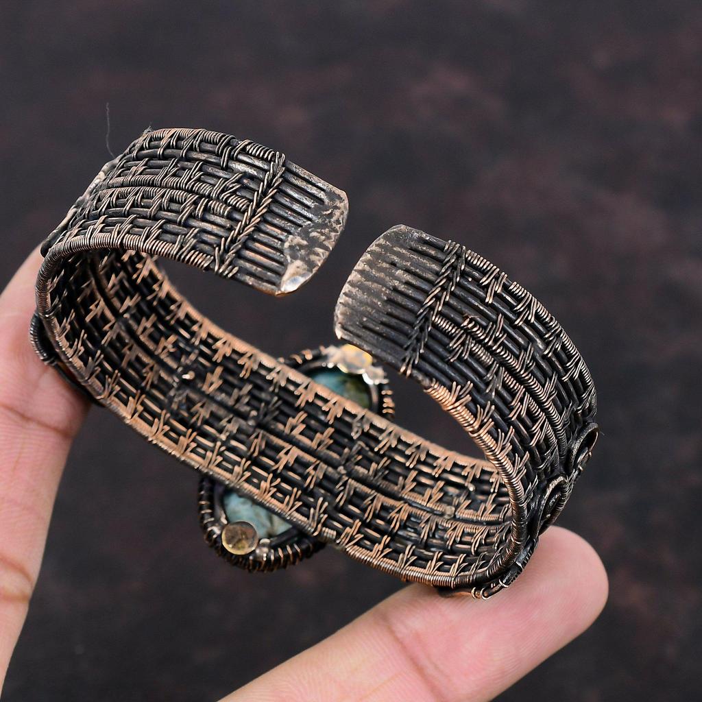 Larimar Cuff Bracelet Copper Wire Wrapped Adjustable Bangle Rainbow Moonstone Gemstone Bangle Copper Jewelry Gift For Her Handmade Bracelet