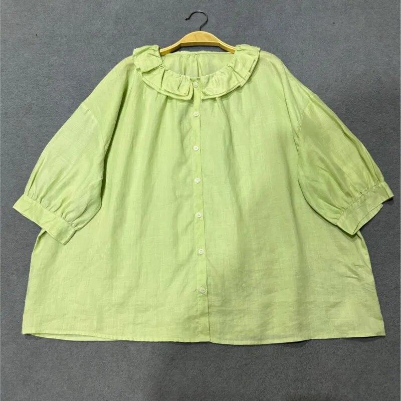Johnature Летние японские женские рубашки с оборками и воротником, винтажные повседневные однотонные блузки с половиной рукавов