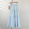 Women Maxi Skirt Elastic High Waist Ruffle Stitching Large Hem Long Skirt Solid Color A-Line Summer Casual Skirt
