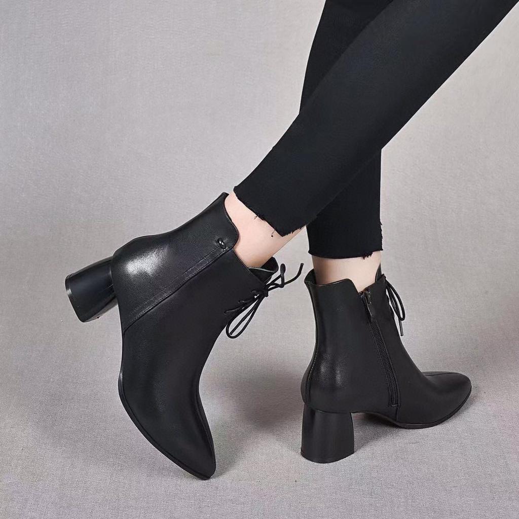 Pointed High-heeled Women's Boots Autumn and Winter New Lace-up Side Zipper First-layer Cowhide Fashion Boots Slim Women's Medium Boots