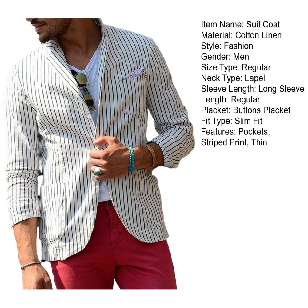 Men Lapel Long Sleeve Suit Coat Striped Print Pockets Buttons Placket Formal Business Blazer Thin Breathable Suit Jacket