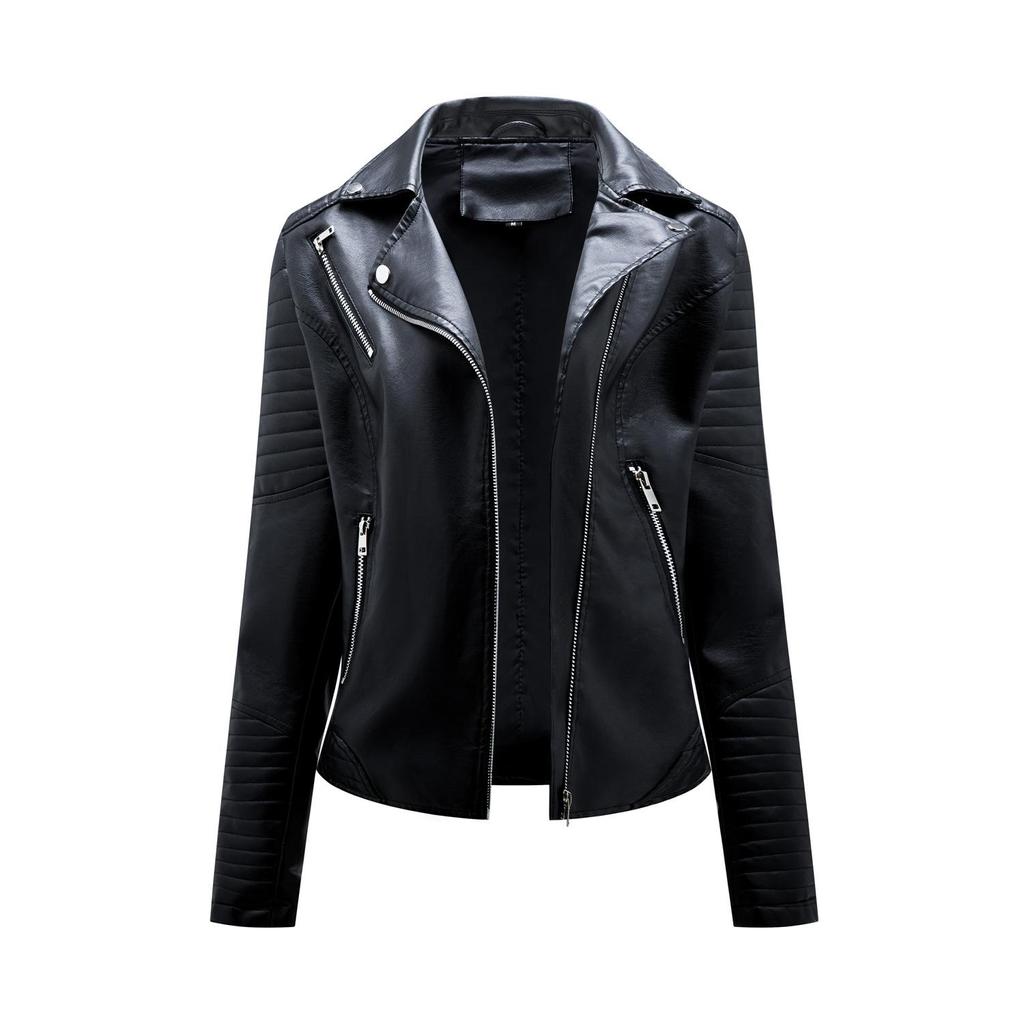 Lapel Zipper Motorcycle Leather Jacket for Women European and American Style Slim Fit Short PU Leather Jacket Fashion