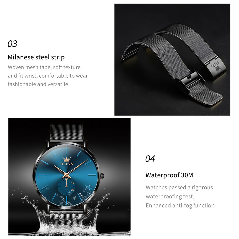 OLEVS 9954 Minimalist Quartz Watches for Men Ultra Thin 7.5mm Original Mesh Steel Strap Waterproof Chronograph Man Watch