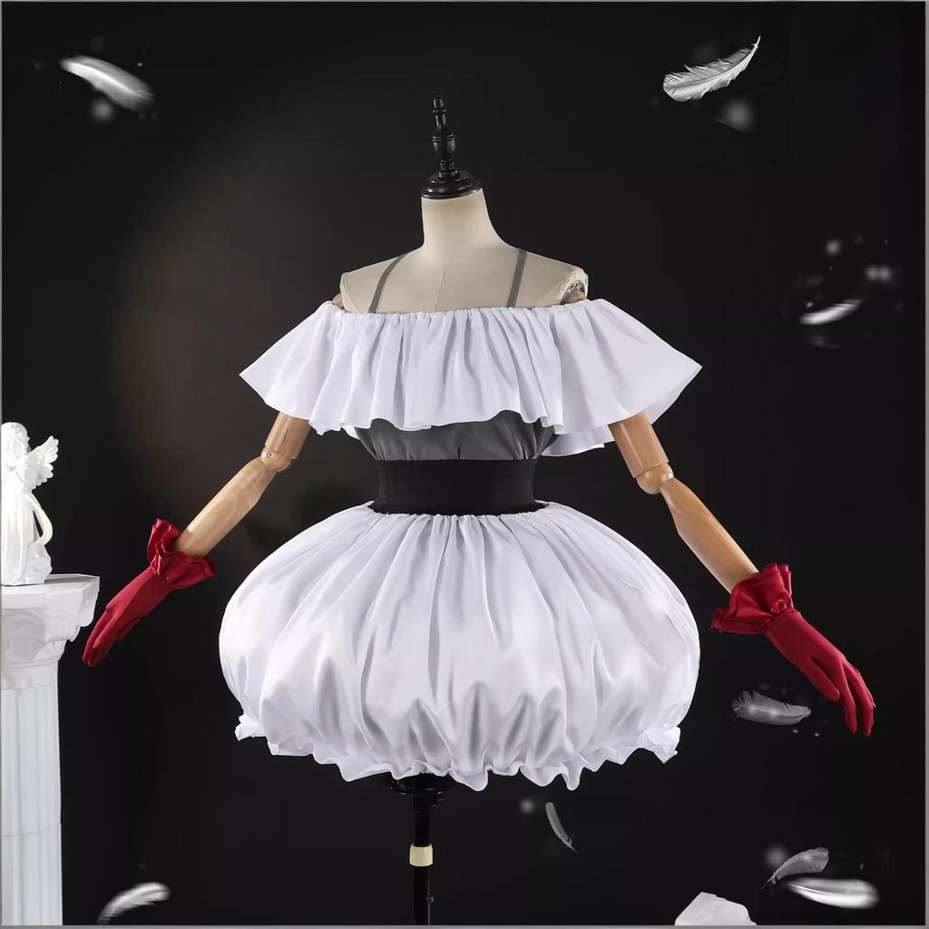 White Off Shoulder Mini Dress Puffy Balloon Skirt with Belt Gothic Lolita Vintage Ruffle Neck Halloween Cosplay Party Dress Wome