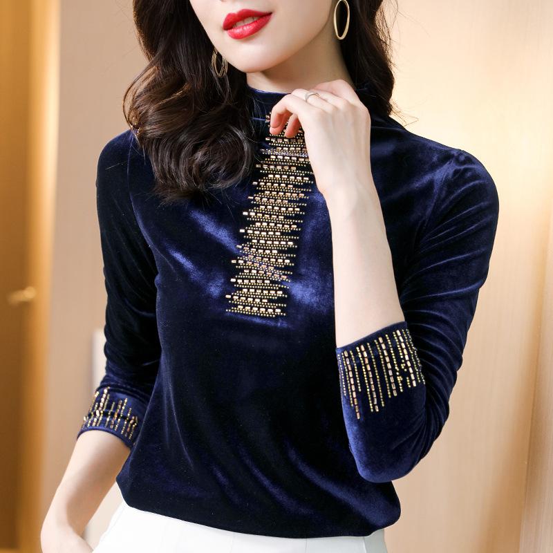 Водолазка с воротником-стойкой и утолщенной основой из бархата для женщин, модная теплая рубашка на осень и зиму, футболка с длинными рукавами, топ из золотистого бархата