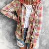 Women Autumn Hooded Collar Plaid Sweatshirt Tide Drawstring Loose Casual Hoodies Button Chest Pocket