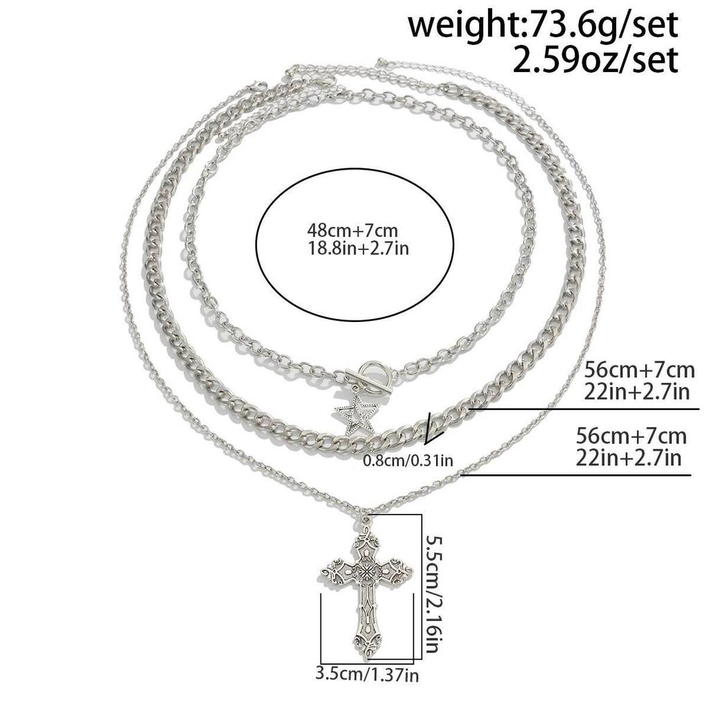 SHIXIN 3Pcs/Set Punk Style Star Jesus Cross Pendant Necklace for Men Hip Hop Stackable Multi Layer Thick Chain Choker Necklace