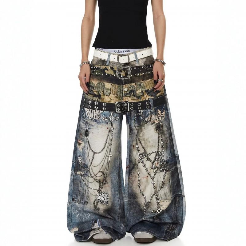 High-Waisted Punk Rock 3D Printed Denim Jeans Women Loose Fit Streetwear Hiphop Style Wide Leg Pants