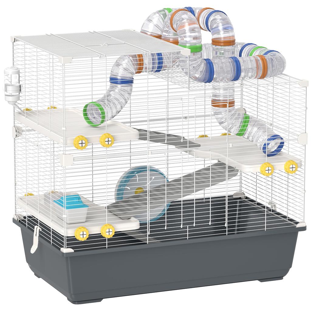 Dwarf hamster cage, 4 levels, tunnel system, hut, accessories, top opening, 78 x 45 x 73 cm, grey
