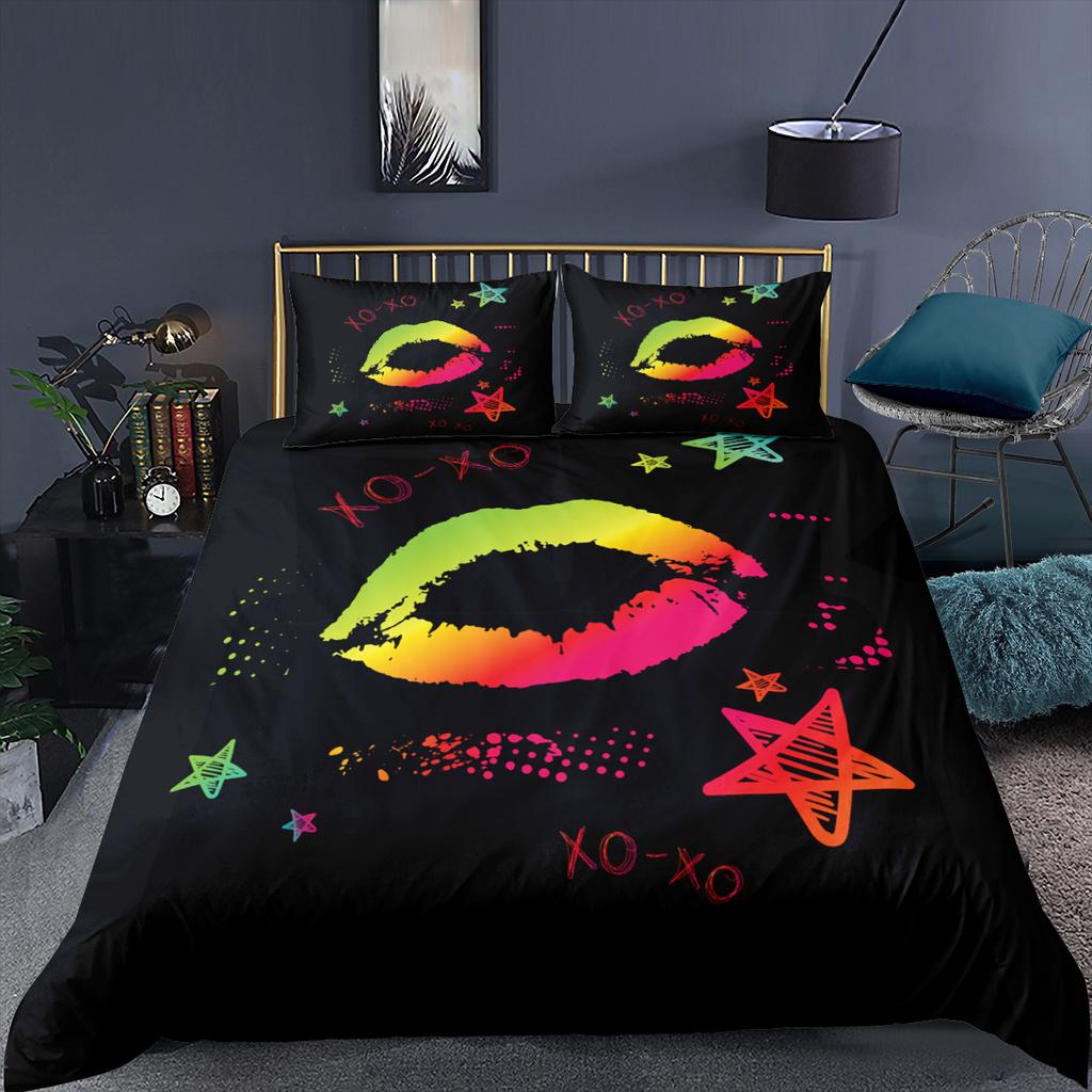 3D Color Lip Print Bedding Set Deluxe Home Bedroom Quilt Cover and Pillowcase Microfiber Material 2/3 Bedding Decoration