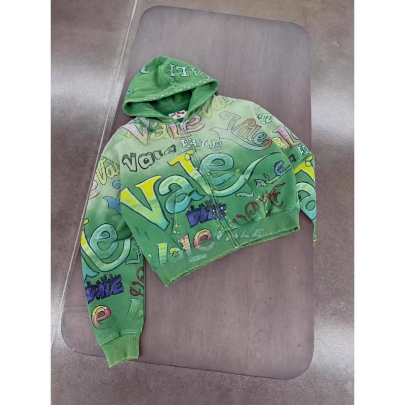 2026 Womens Loose Fit Zip Hoodie American Graffiti Print Casual Sweatshirt Teens