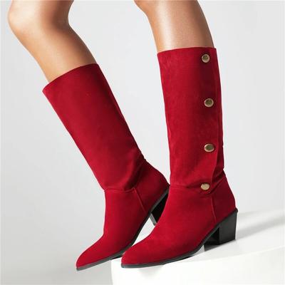 FOREADA Женские полусапоги до середины икры, круглый носок, толстый высокий каблук, металлическая отделка, лаконичная женская модная обувь, зимние, черные, хаки, красные, 43