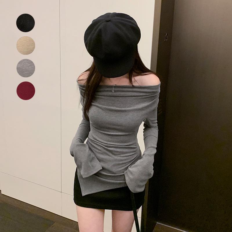 Корейская версия осеннего дизайна с неровными складками и топом на одно плечо для женщин с небольшой универсальной футболкой с длинными рукавами