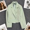 Весенний женский однобортный офисный укороченный блейзер с лацканами, однотонный двойной пиджак с длинными рукавами, костюм, пальто