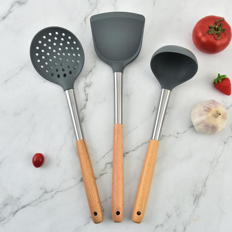 Silicone Kitchen Utensil Set: 3-Piece Wooden Handle - Spatula, Frying Spatula, Ladle, and Skimmer