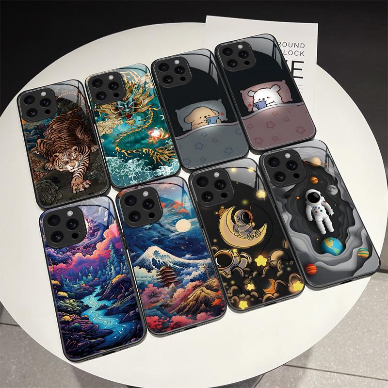 Для iPhone 16 15 Pro Max Plus 16E SE 2025 Закаленное Стекло Чехол для Телефона Крутой Мультяшный Тигр Дракон Защита Камеры Жесткая Задняя Крышка