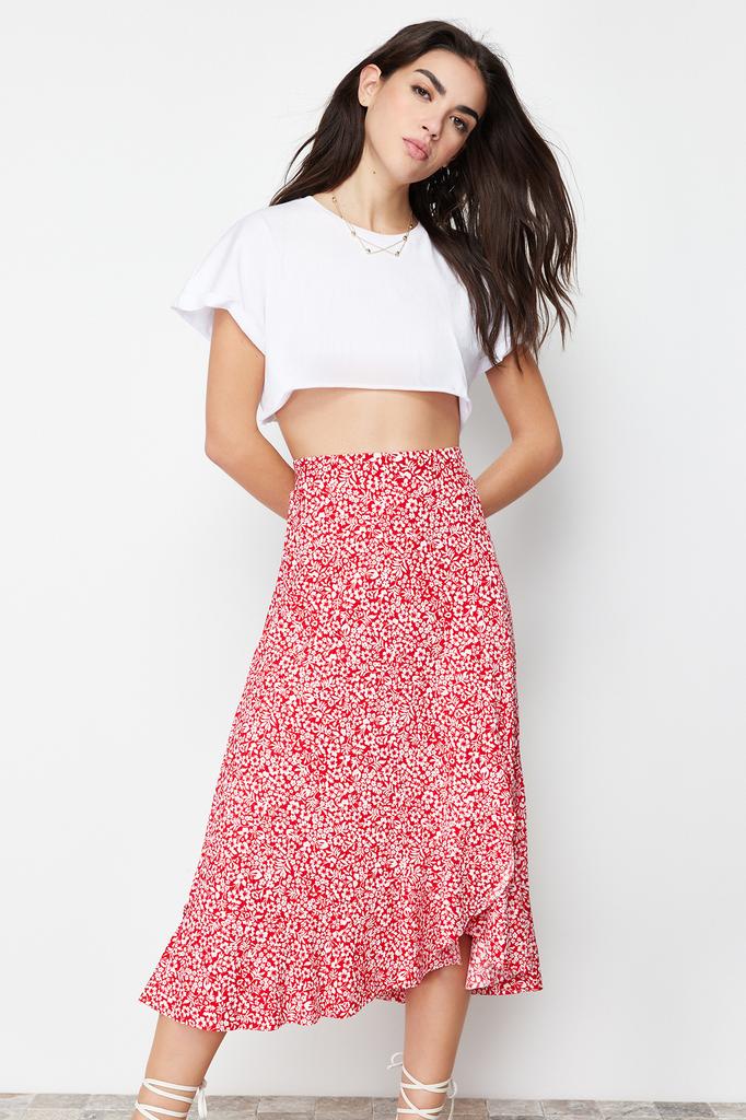 Women's Fashion Purple Printed High Waist Midi Stretchy Knitted Skirt with Gather Detail and Flounce