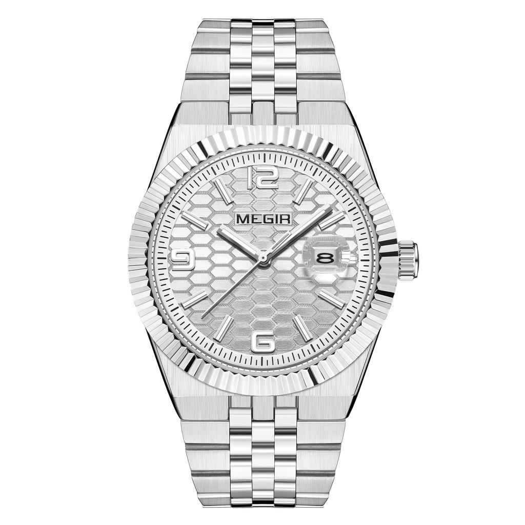 Megir Часы мужские наручные с большим циферблатом, деловые, для отдыха, из нержавеющей стали, водонепроницаемые, люминесцентные, с автодатой, подарок для мужчин, Reloj Hombre 1101