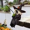 Halloween Fishing Witch Figurine Spooky Cartoon Witch Statue Resin Sculpture Home Office