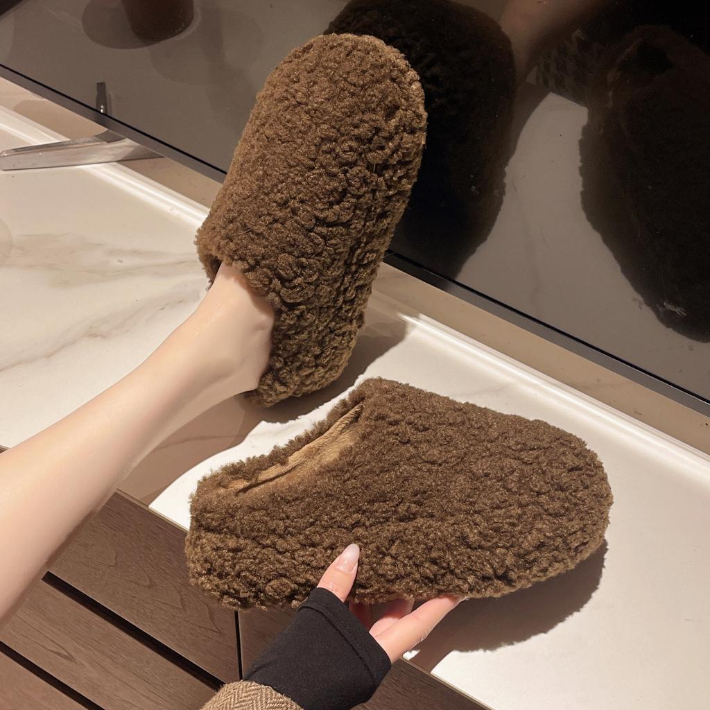 Retro Lamb Wool Plush Slippers Female Autumn and Winter New Bag Head Drag Fairy Lazy Cotton Drag a Pedal