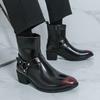 Mens Chelsea Boots With Metal Buckle Side Zipper Pointed Toe Mid-Calf Fashion Casual Leather