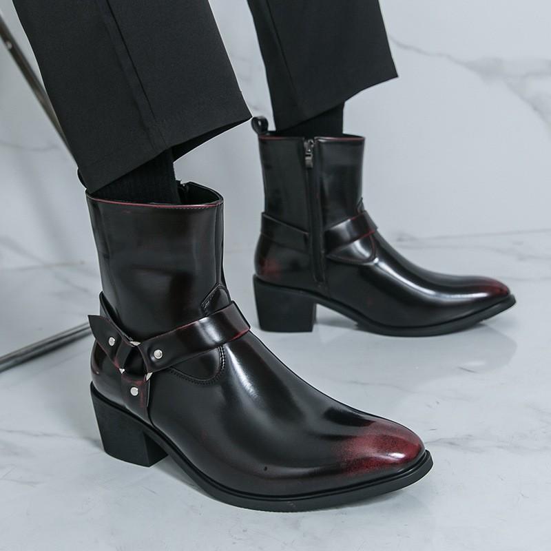 Mens Chelsea Boots With Metal Buckle Side Zipper Pointed Toe Mid-Calf Fashion Casual Leather