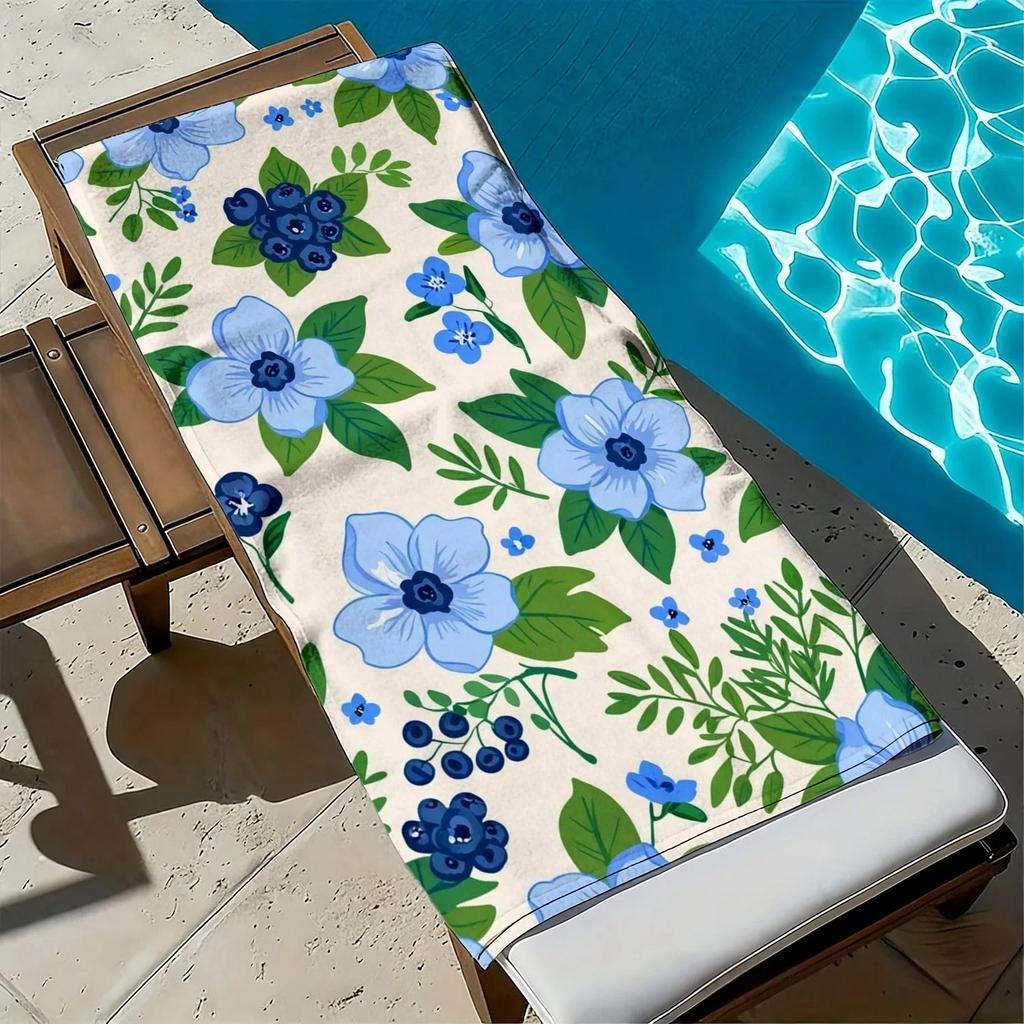 Cream Base Blue Flower Blueberry Leaf Beach Blanket Soft Large Blanket For Beach Pool Summer Picnic