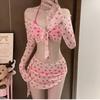 Women's Sexy Halter Ruffle Lace Up Swimsuit Sets Sweet Print Cover-Ups Bikini Skirt Outfits Vacation Beach Swimwear Bathing Suit