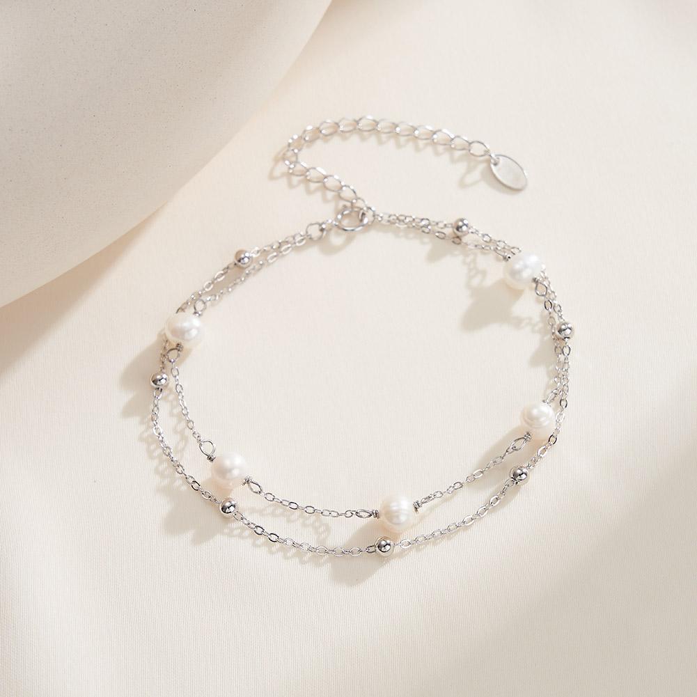Double Chain Wrapped Bracelet 925 Sterling Silver Cultured Freshwater Pearl with Gold Beads Bracelet