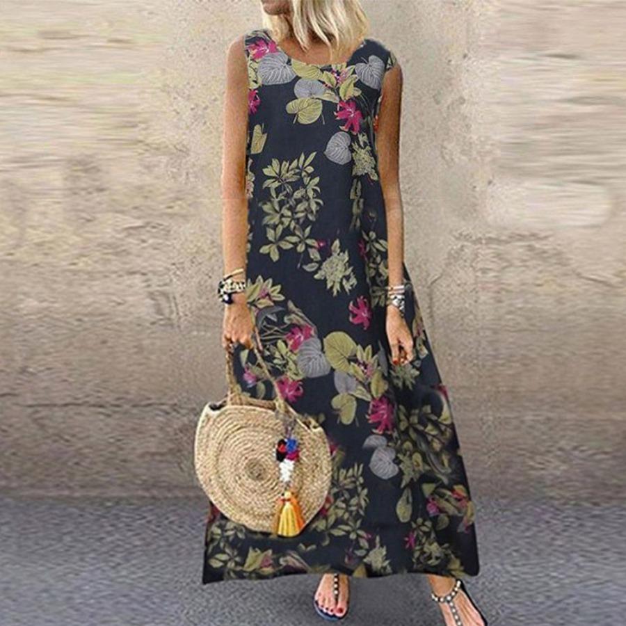 Женское платье-жилет из хлопка и льна в стиле ретро, ​​винтажное повседневное летнее платье с круглым вырезом без рукавов, длинные макси-платья большого размера