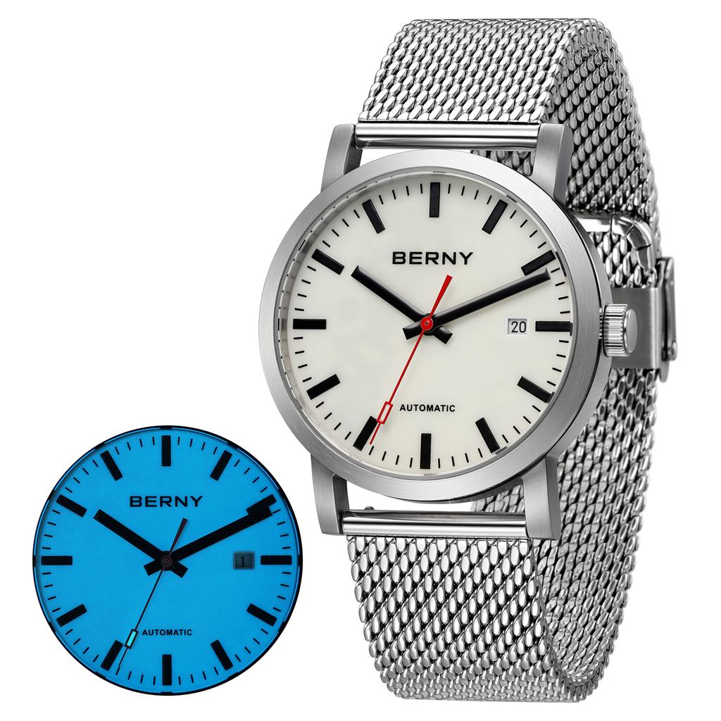 BERNY Automatic Men's Watch Top Brand Luminous 316L Stainless Steel Self-Wind Sapphire Wristwatch Mesh Belt Mechanical Men Watch