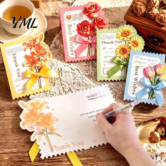 Floral Design Cards Greeting Card with Envelope, Thank You Ribbon Bow, Birthday Best Wishes Note for Wedding, Birthday, Baby Shower, Graduation