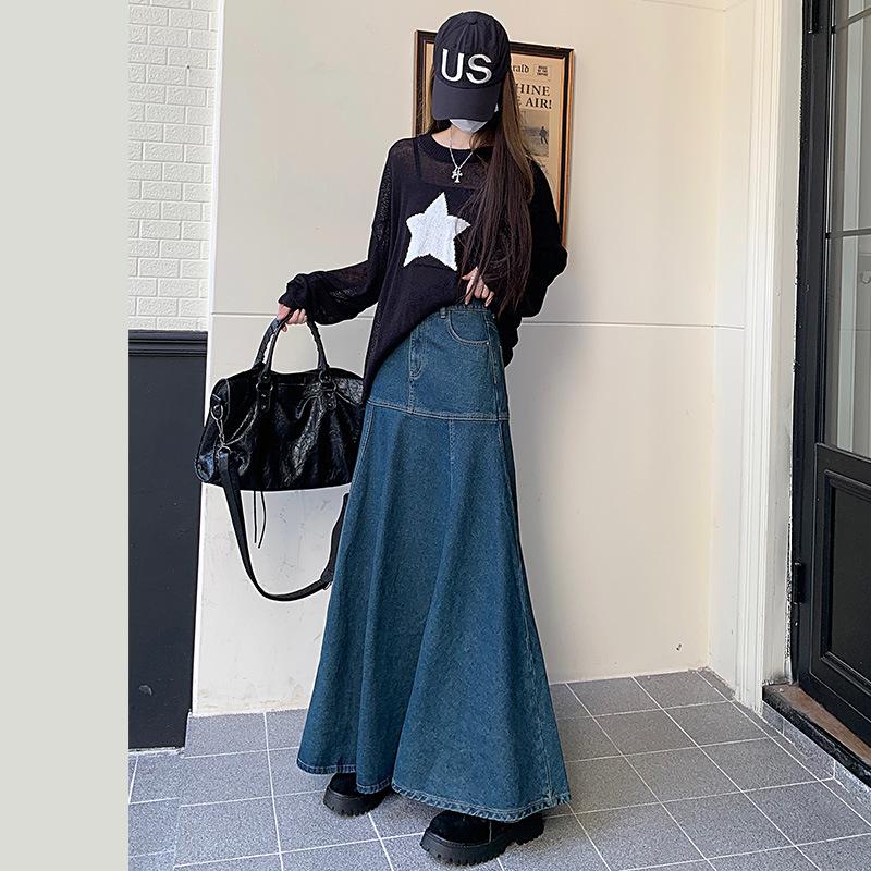 Women Denim High Waist Long Skirt Casual Patchwork A-line Maxi Skirts Elegant Autumn Winter