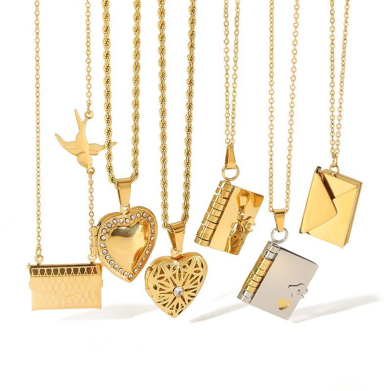 Stainless Steel Book-Shaped Pendant Necklace With Heart Clasp Women Ins Style Minimalist Locket Chain Jewelry