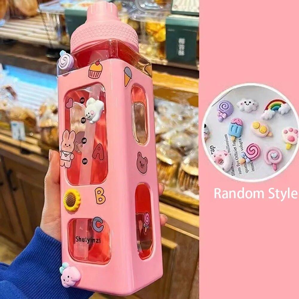 700ml Kawaii Water Bottle for Girls,Cute Kids Water Bottles with Straw 3D Sticker Drinking Bottle Portable Leak Proof Water Jug